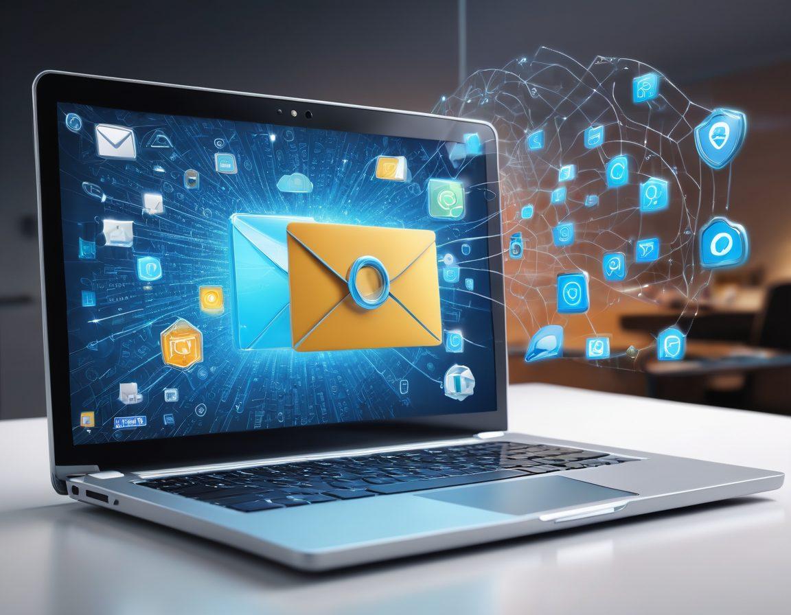 An intricate digital scene featuring a magnifying glass examining an open laptop displaying an email. Surrounding the laptop, various security symbols like shields and locks float in the air. A visually engaging representation of email flow lines connects to the laptop, symbolizing verification systems. The background is a modern office setting with a hint of technology. vibrant colors. super-realistic.