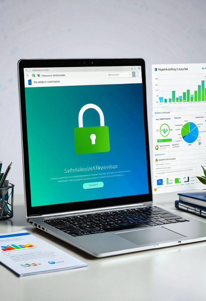 A dynamic digital workspace featuring a colorful laptop with an open email client displaying real-time validation alerts. Surrounding it are graphic representations of locked padlocks transforming into open ones, symbolizing unlocked potential. Infographic elements illustrating performance metrics and growth charts. A bright, modern aesthetic with a blend of blue and green tones to signify technology and freshness. super-realistic. vibrant colors. white background.