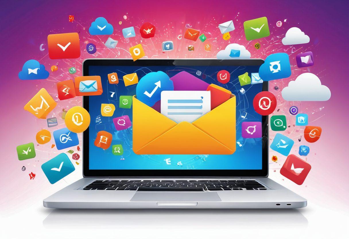 A captivating illustration of an open laptop showing an email inbox filled with verified checkmarks, surrounded by vibrant security icons like locks and shields. In the background, a mysterious key unlocking a colorful cloud symbolizing security and deliverability. Bright colors to emphasize the theme of security and technology. super-realistic. vibrant colors. white background.